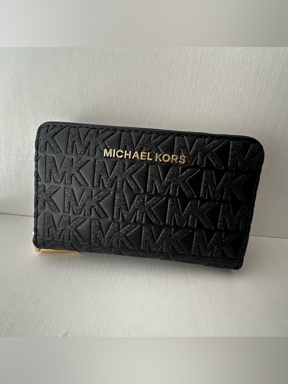 Michael Kors Black Embossed Glitter MK Logo Small Wallet with Gold-Tone Hardware